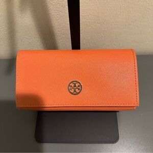 Tory Burch orange saffiano leather magnetic snap sunglasses case